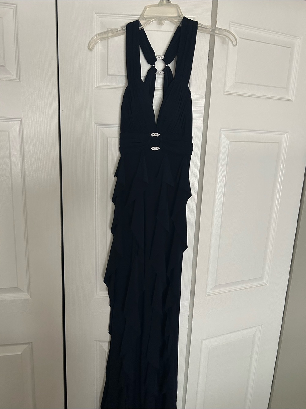 Betsy & Adam Navy Halter Ruffle Prom Gown with Rhinestone Details